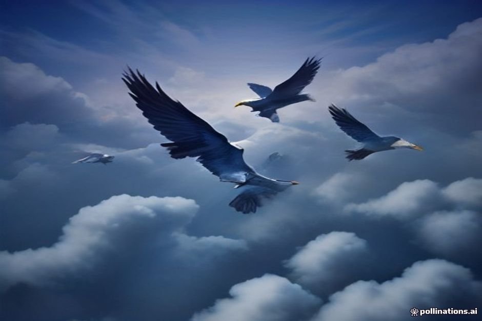 Multiple vibrant feathered aarakocra characters soaring in cloud formation