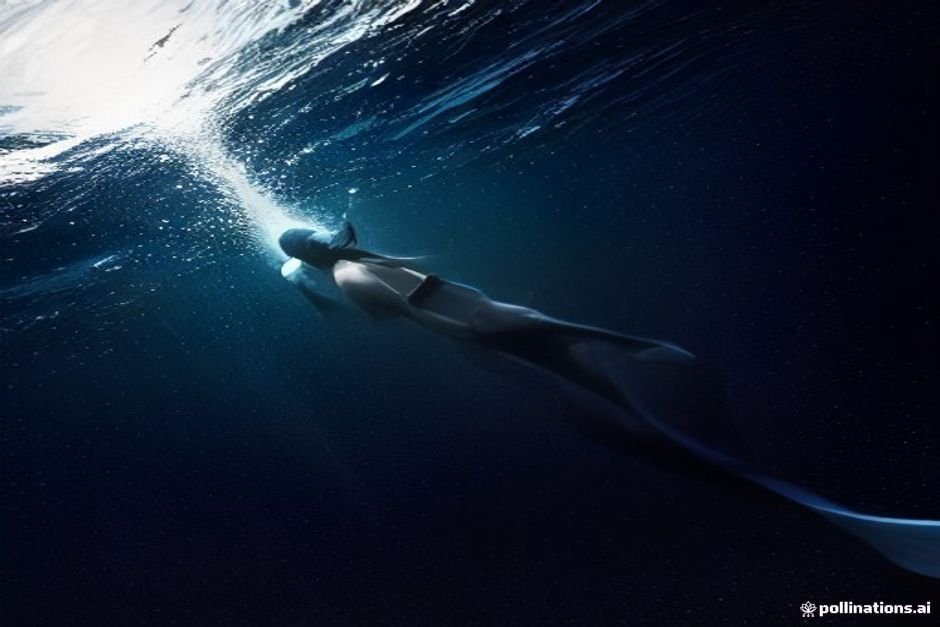 Nighttime ocean scene showing mermaids swimming under moonlit water