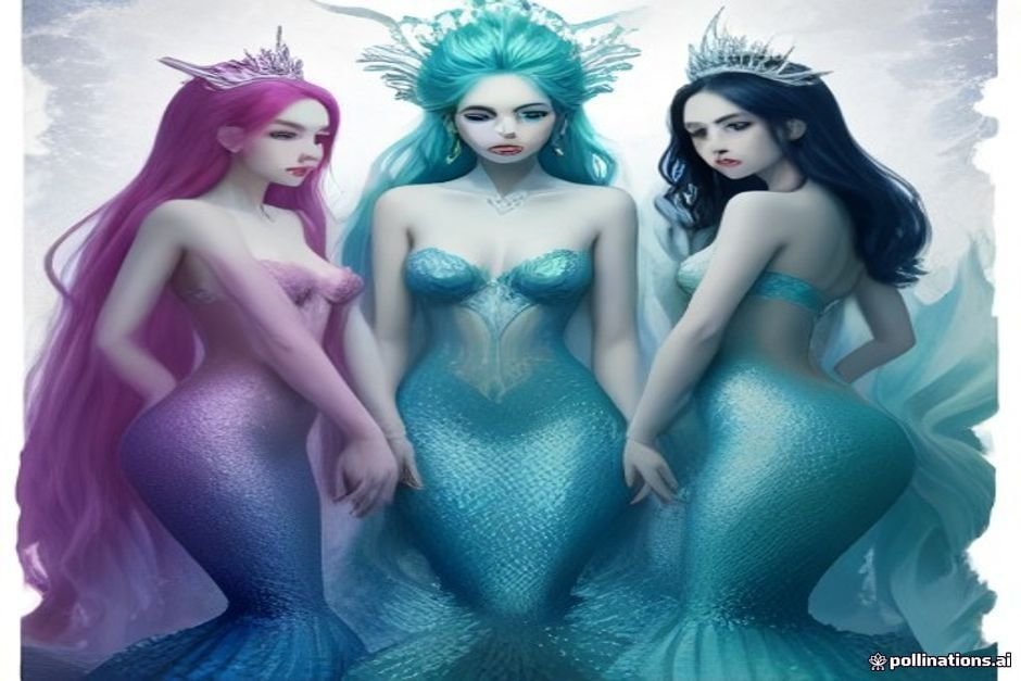 Colorful mermaid sisters with unique tail designs lined up formally