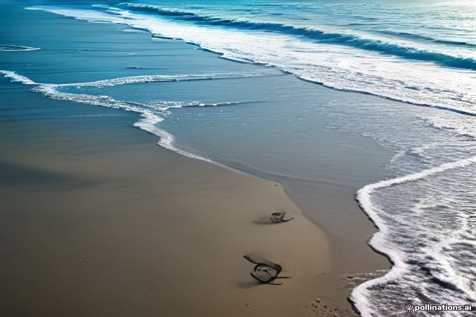 Blue surfboard resting on sand with footprints leading to water