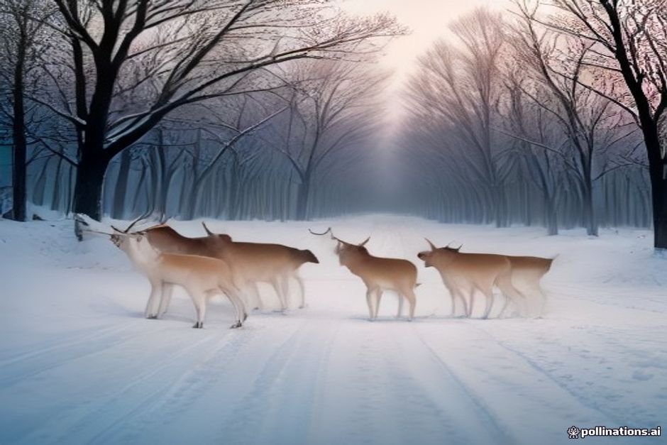 Group of deer gathered in snowy winter terrain