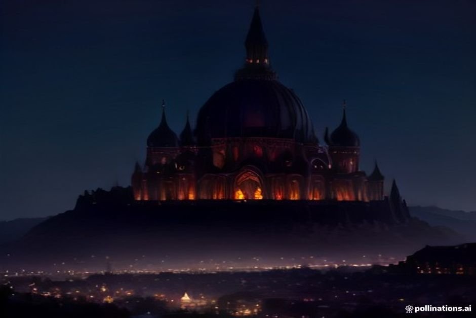 Dark mystical fantasy town with magical glowing elements