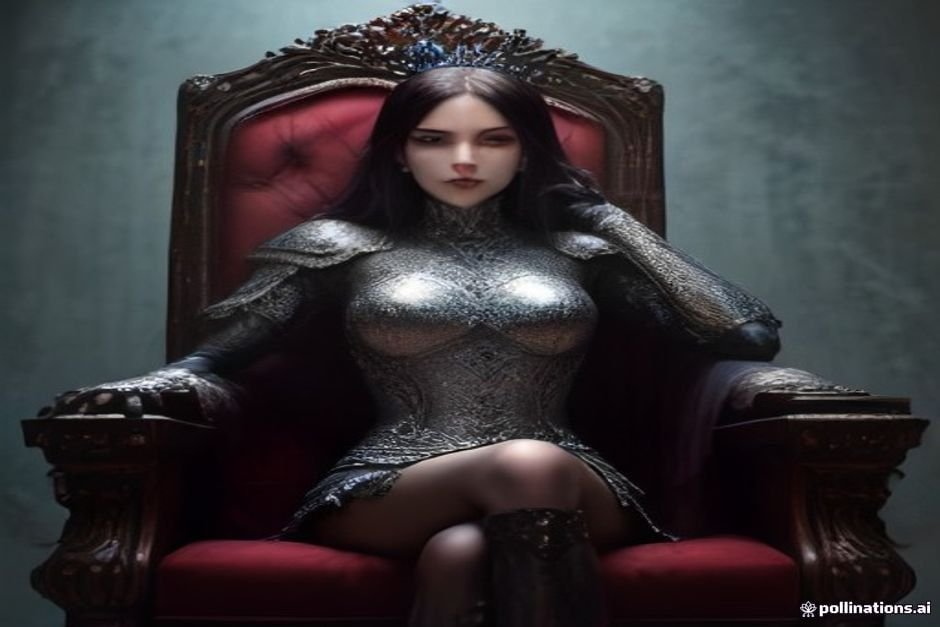 Powerful warrior queen on throne displaying commanding presence