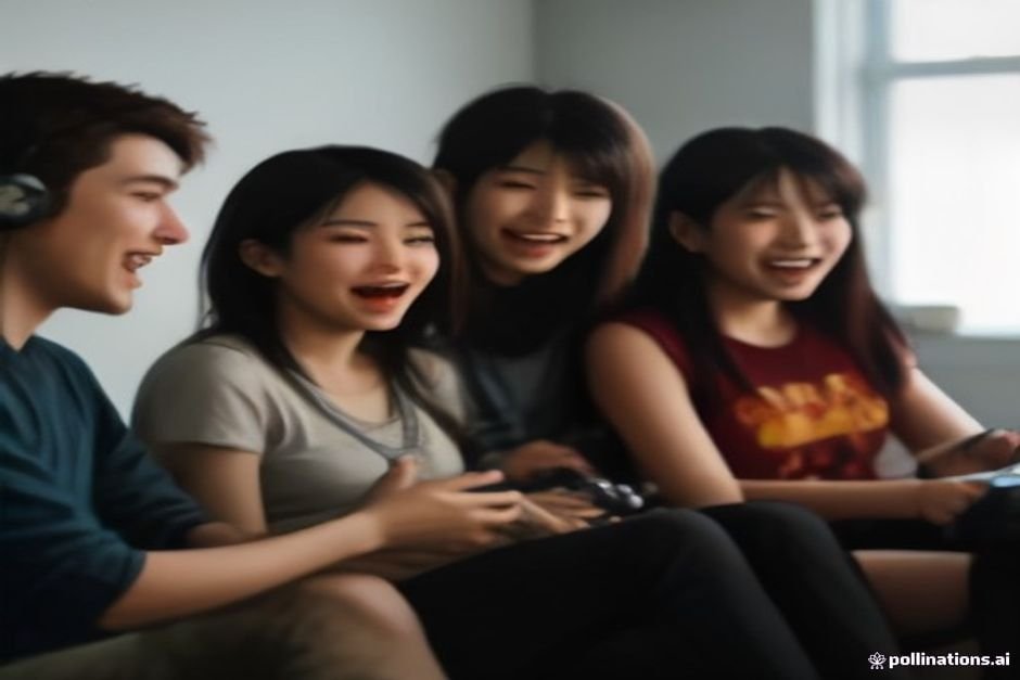 Friends laughing and celebrating during competitive gaming session