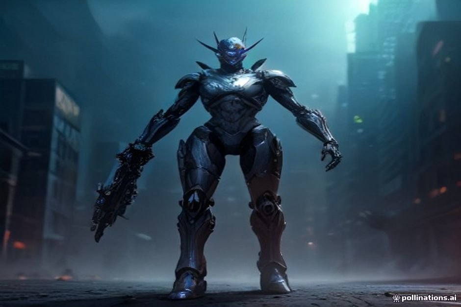Silver metallic android titan standing against neon cityscape
