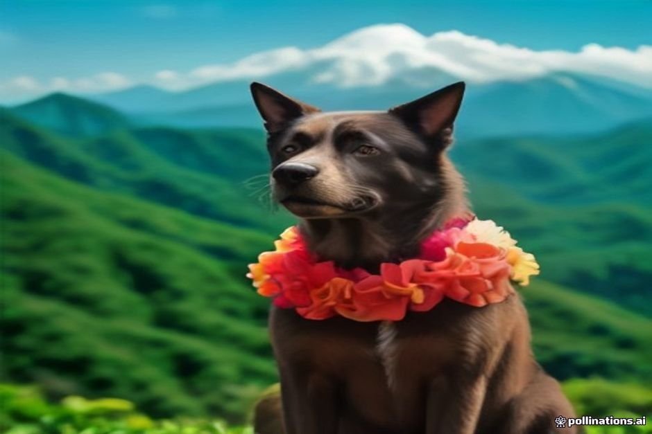 Dog wearing colorful lei with lush island mountains visible