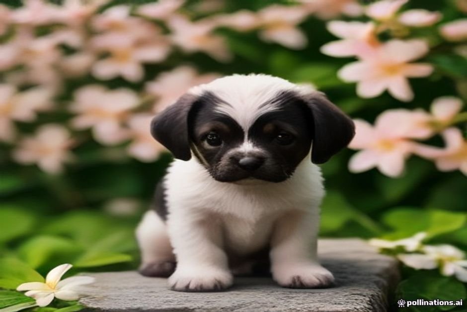 Small puppy relaxing beneath fragrant plumeria flowers