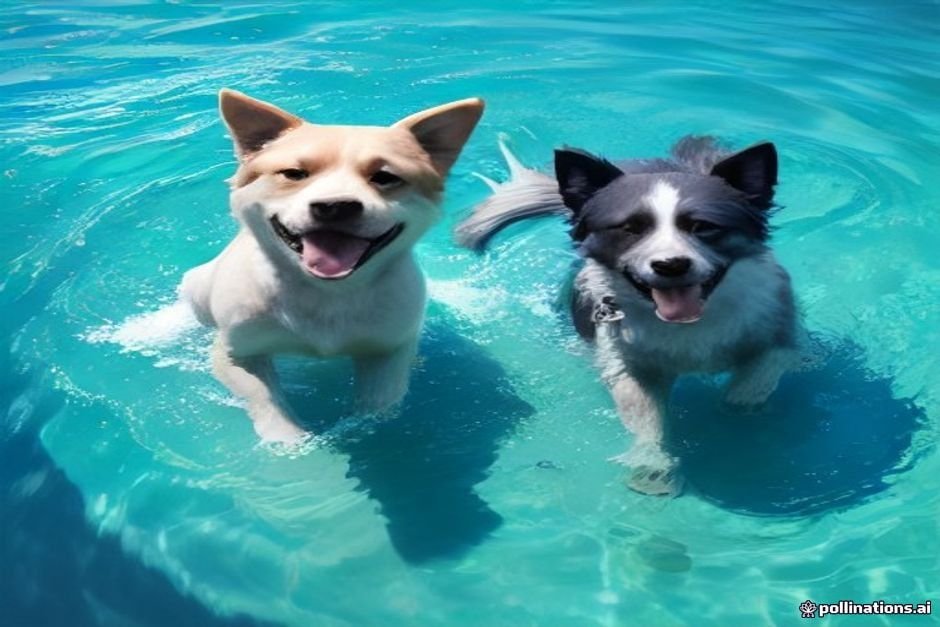 Two happy dogs swimming together in clear tropical water