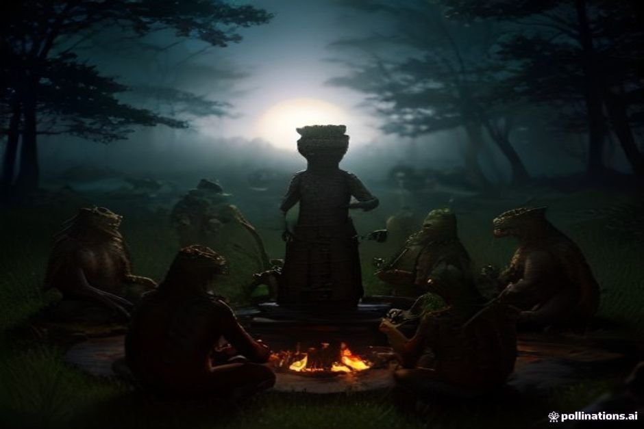 Lizardfolk tribal council assembled around ceremonial stone formation