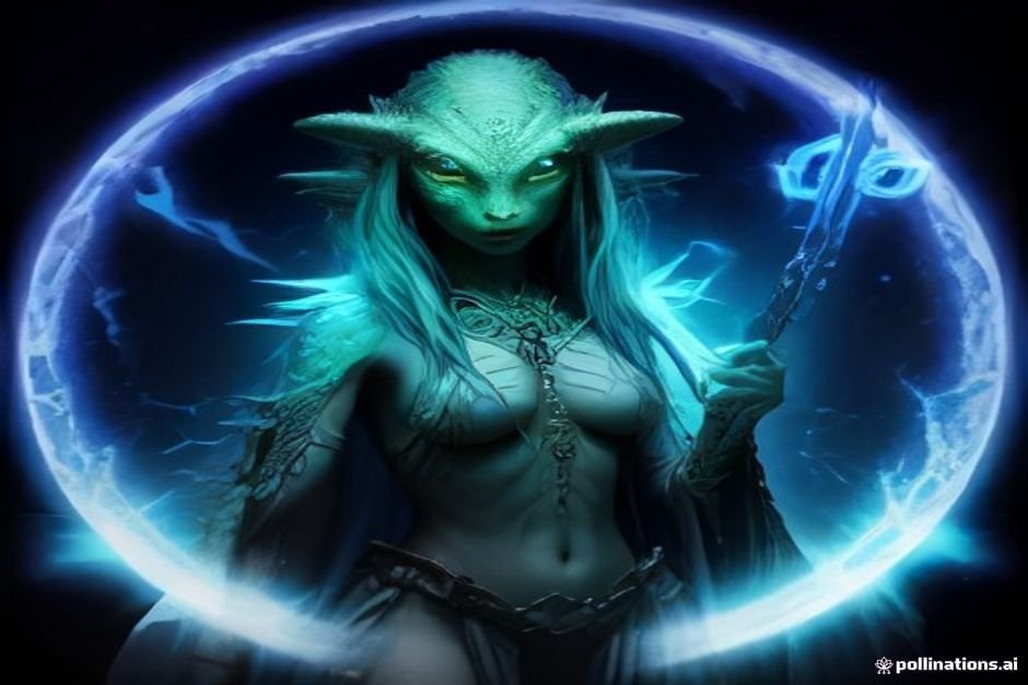 Mystical female lizardfolk sage performing tribal magic ritual