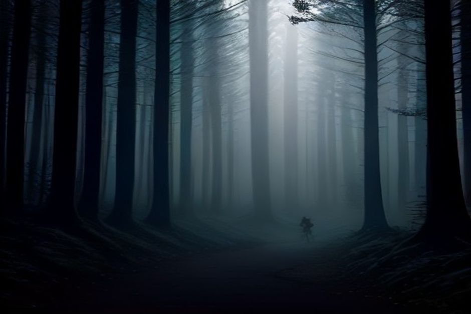 A deep forest with tall trees creating dark shadows and silver moonbeams filtering through