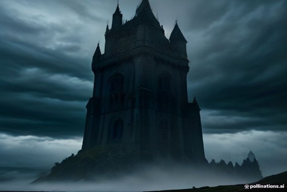 Tall stone tower enveloped in dark thunderstorm clouds