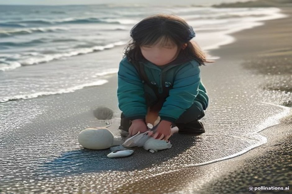 Child on sandy beach collecting shells for coastal name inspiration