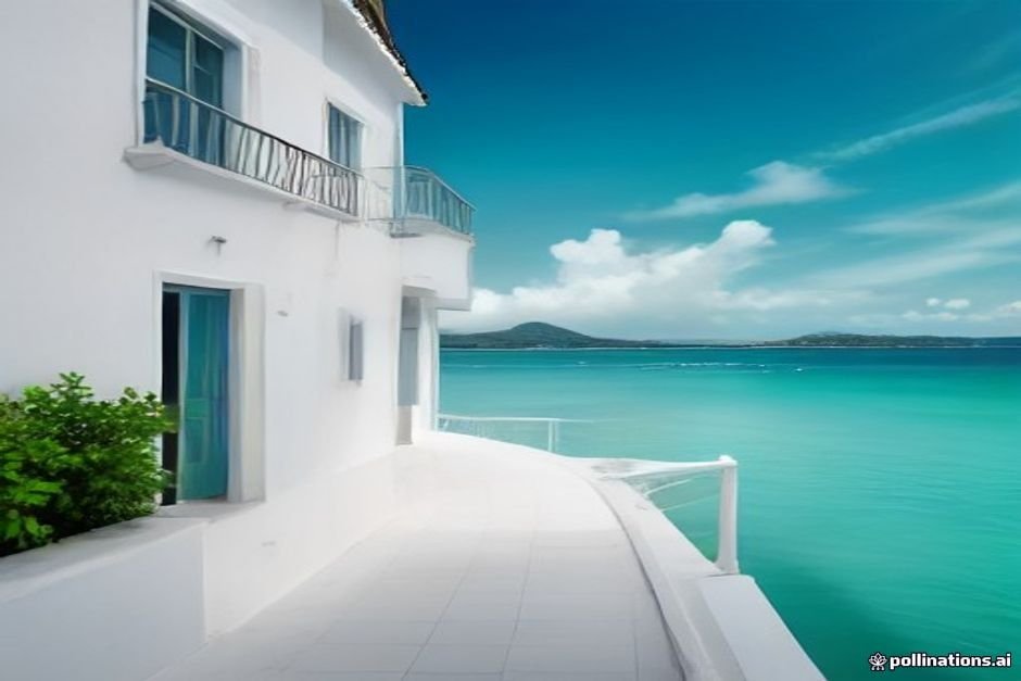 Mediterranean coastal town with calm turquoise sea backdrop