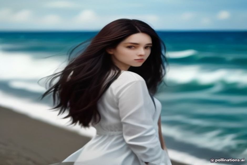 Woman with long hair looking peaceful near crashing ocean waves
