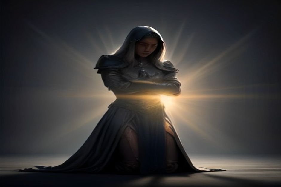 Paladin character kneeling in sacred divine ritual moment