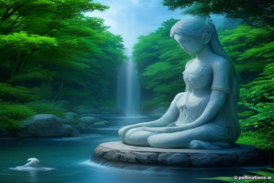 Serene meditation setting with spiritual figures evoking divine presence