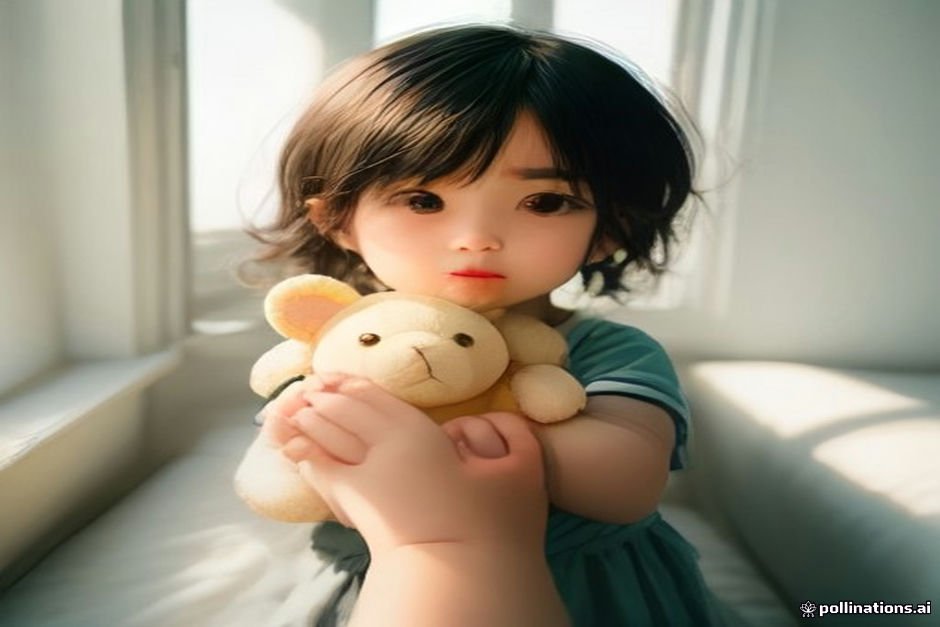Small character plush toy held in child's gentle hand indoors