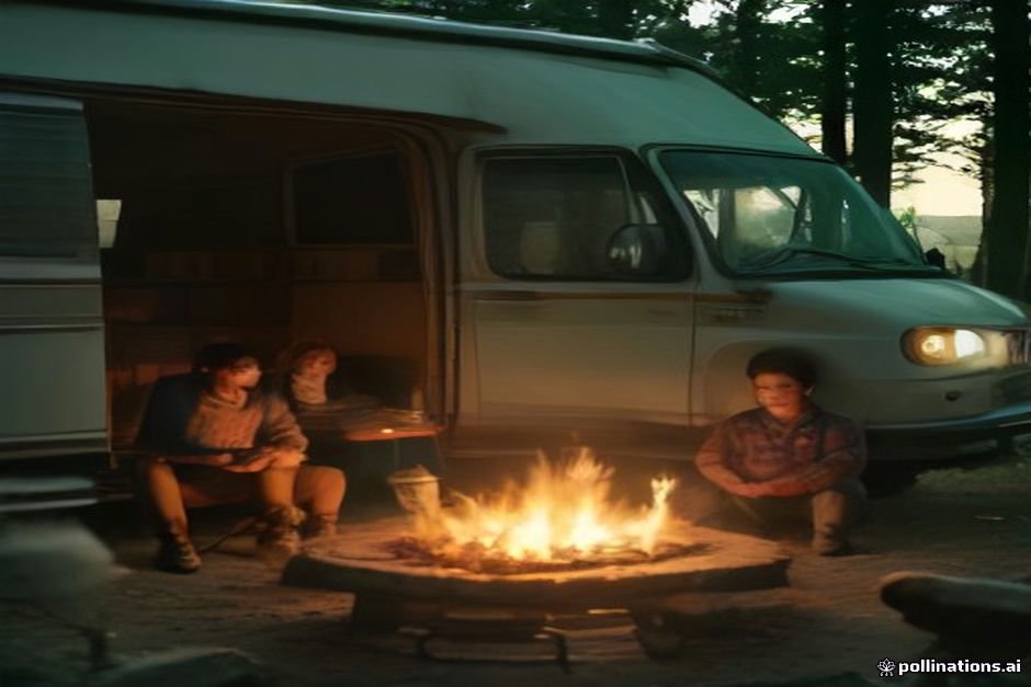 Multi-generational family enjoying campfire gathering beside their personalized camper home