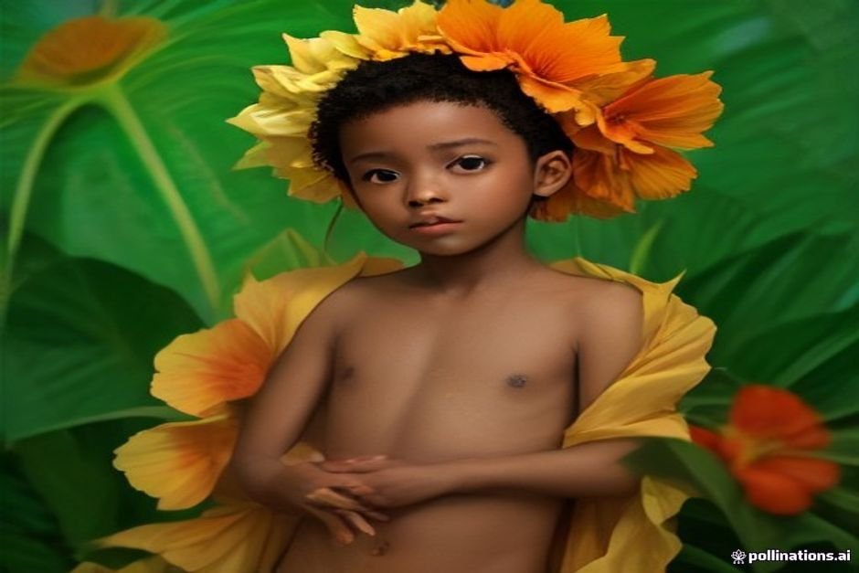 Newborn baby boy surrounded by vibrant tropical island flowers