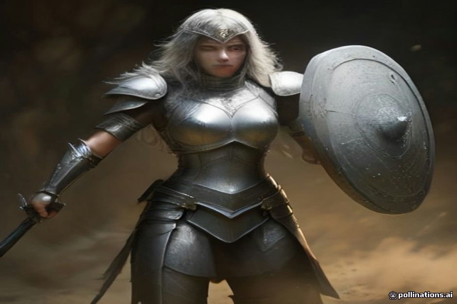 Armored female paladin with protective shield