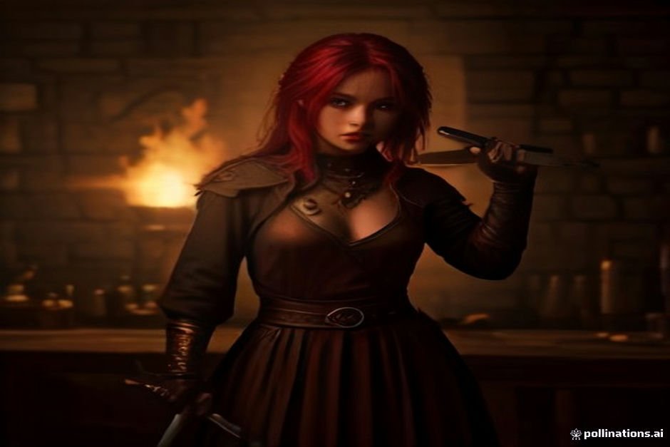 Fire genasi warrior in fantasy tavern wielding a flaming sword