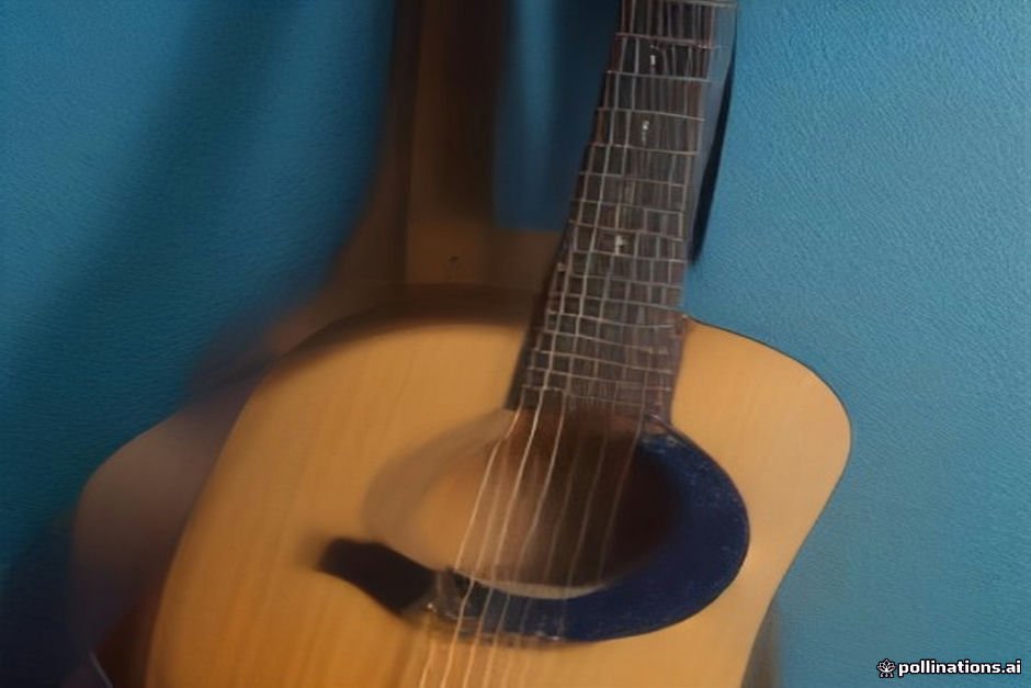 Acoustic guitar positioned upright showing soundhole and strings clearly